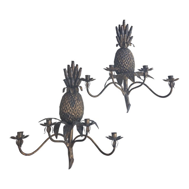 Dark Burnished Gold Four Arm Tole Pineapple Sconces - A Pair For Sale