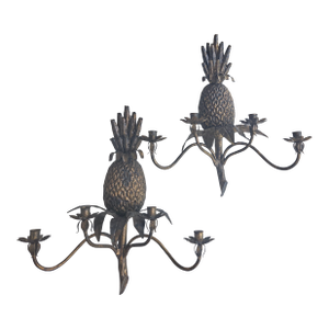 Dark Burnished Gold Four Arm Tole Pineapple Sconces - A Pair