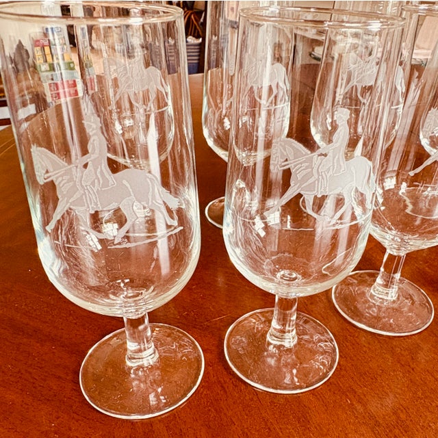 Glass Vintage French Equestrian Horse & Rider Stemmed Glasses, Set of 8 For Sale - Image 7 of 8