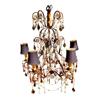 Antique Italian Iron and Colored Crystal Chandelier With Crystal Beading For Sale