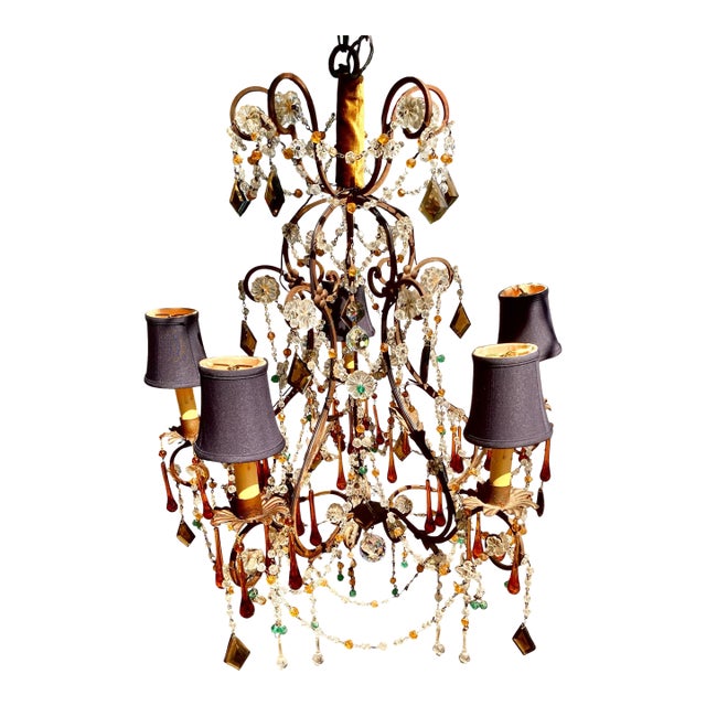 Antique Italian Iron and Colored Crystal Chandelier With Crystal Beading For Sale