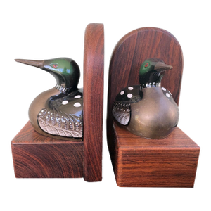 Vintage Hand-Painted Brass Loon Bird Bookends on Solid Wood Bases – Made in India, Mid-Century Style (Pair)