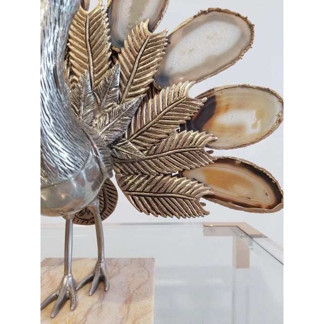 Hollywood Regency Agate Peacock Sculpture Attributed to Willy Daro For Sale - Image 3 of 8