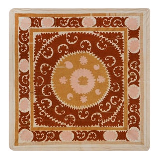 Uzbek Suzani: Rust & Pink Embroidered Cotton Textile 4'3'' X 4'4'' For Sale
