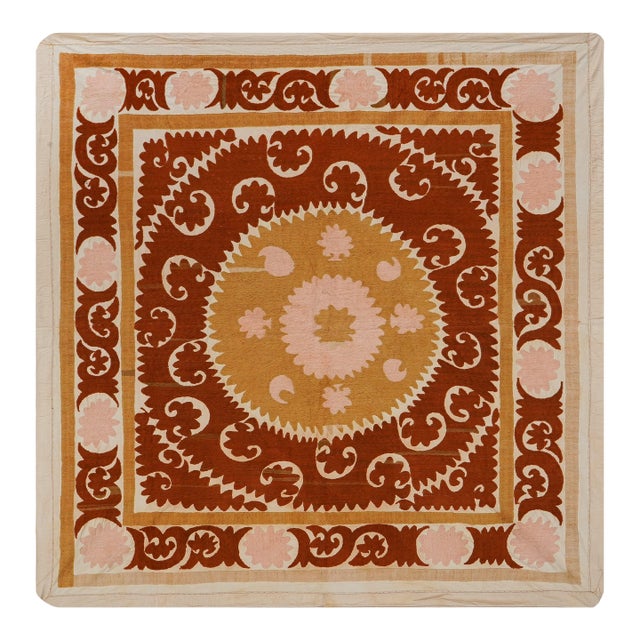 Uzbek Suzani: Rust & Pink Embroidered Cotton Textile 4'3'' X 4'4'' For Sale