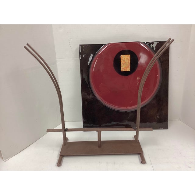 Signed Sculptural Art Glass Vase on Iron Stand For Sale - Image 4 of 10