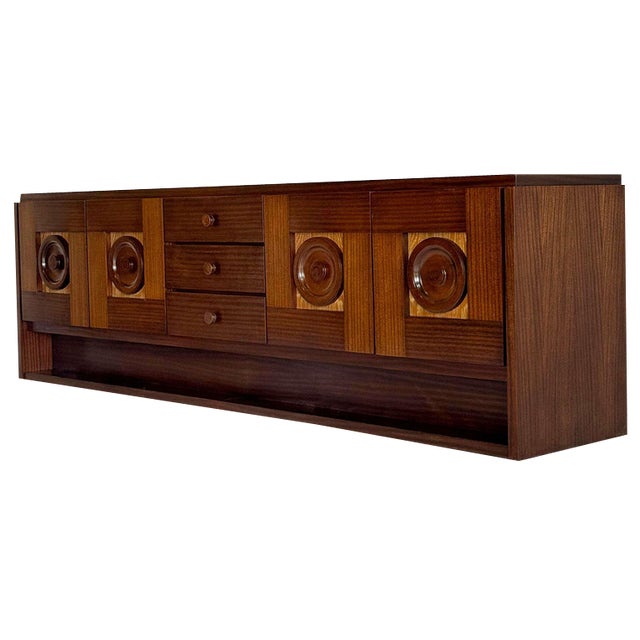Long Brutalist Brown Oak Credenza For Sale