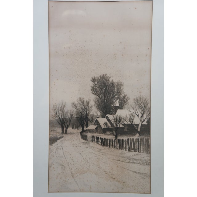 Antique Ernest Christian Rost Country Road Church Winter Landscape Etching 35" For Sale - Image 4 of 10