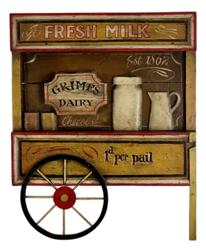 Vintage Large Elaborate Wooden Trade Sign for Grimes Dairy in Form of Wagon Cart