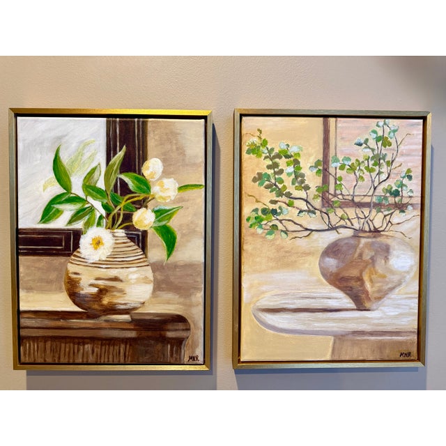 Complementary earth tone original still life paintings in Impressionist.Style accented by gilded wooden floater frames....