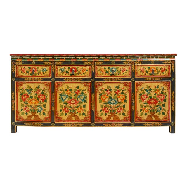 Chinese Tibetan Color Flower Graphic Credenza Sideboard Console Cabinet For Sale