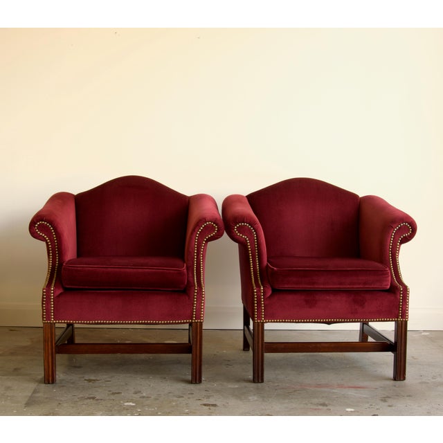 Pair, Vintage Chippendale Style Camelback Club Chairs in Burgundy Velvet With Brass Nailheads, Late 20th Century For Sale - Image 4 of 7