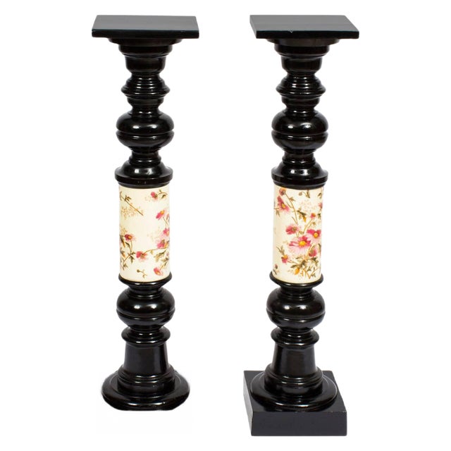 19th Century Ebonised & Porcelain Pedestals, Set of 2 For Sale