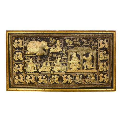 Embroidered Burmese Kalaga Tapestry with Sequins in Golden Frame, 2000s For Sale