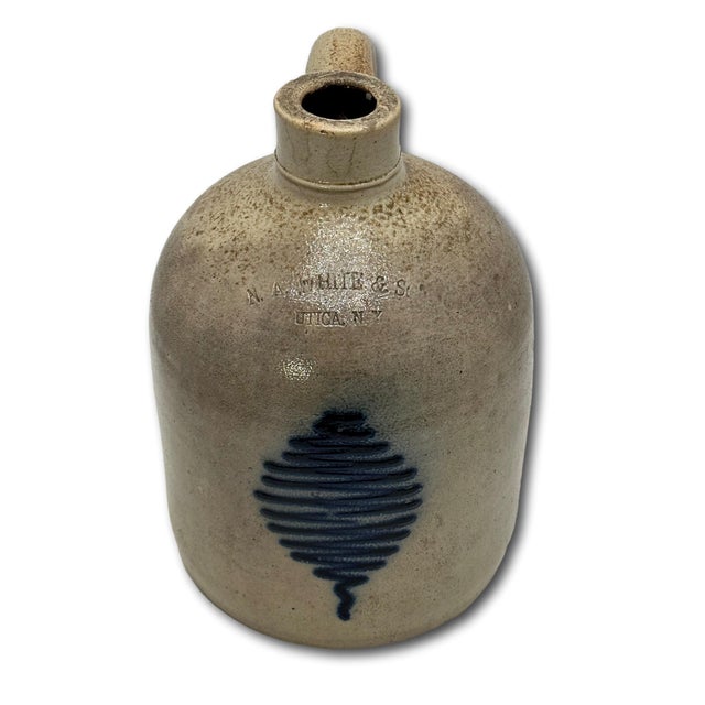 Excellent Small 1 Gallon Antique American Blue Decorated Stoneware Spirts Jug by N. A. White & Son in Utica N. Y. 1870s For Sale - Image 10 of 18