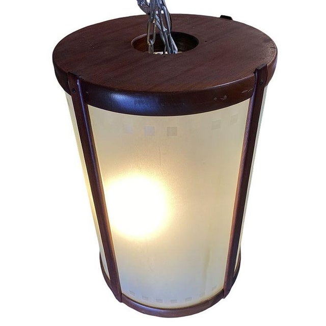 Mid-Century Nakashima Style Teak Cylinder Pendant W/ Frosted Shade, 3 Available For Sale - Image 9 of 11