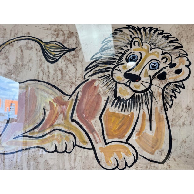 Folk Art 1980's Vintage R. Horwitz Lion Acrylic on Canvas Painting – Frame For Sale - Image 3 of 11
