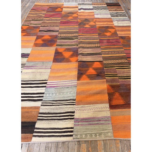 Turkish 1930s Colorful Geometric Antique Turkish Village Kilim Flatweave Room Size Rug For Sale - Image 3 of 7