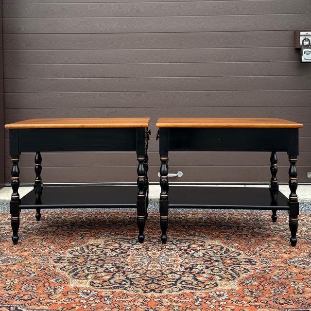 Vintage L. Hitchcock Country Farmhouse Solid Maple 1 Drawer Side Tables in Black / Harvest Maple - A Pair For Sale - Image 9 of 17