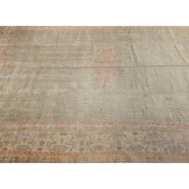 Kelly Green Vintage Turkish Oushak Hand-Knotted Rug in Open Geometric Pattern in Pale Green, Yellow, Pink For Sale - Image 8 of 17