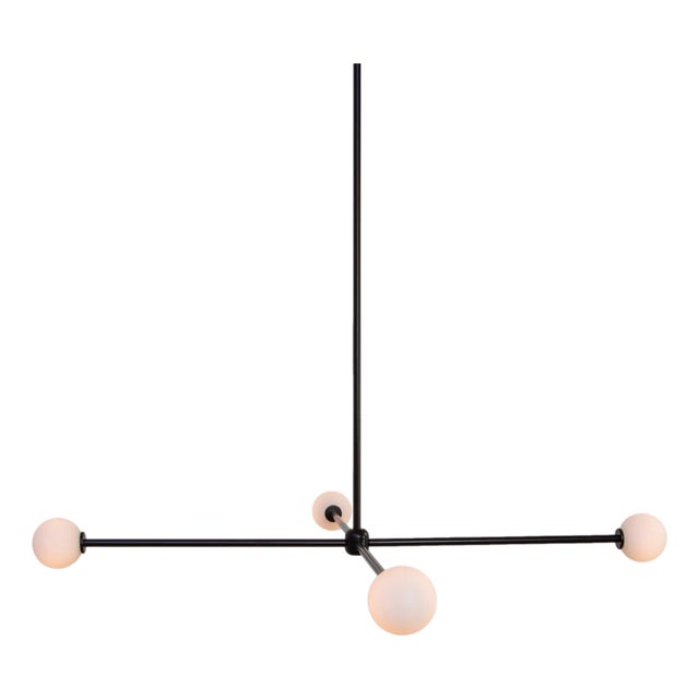 Globe Chandelier 4, Black, 38.5in H, 3 Inch Glass Globes, by Research.Lighting, Modern, Minimal Hanging Light For Sale