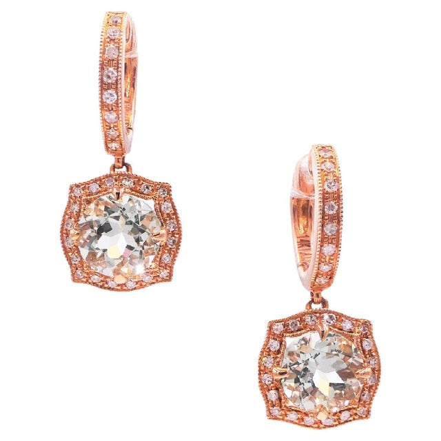 Green Amethyst Prasiolite Diamond Halo 14 Karat Rose Gold Huggie Drop Earrings 14K Rose Gold 2.00 cts Green Amethyst /...