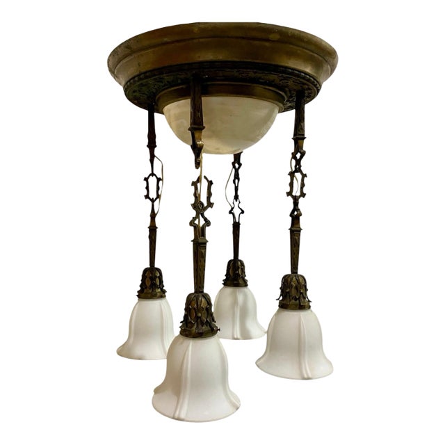 Antique Art Nouveau Patinated Brass & Opal Glass 5-Light Chandelier For Sale