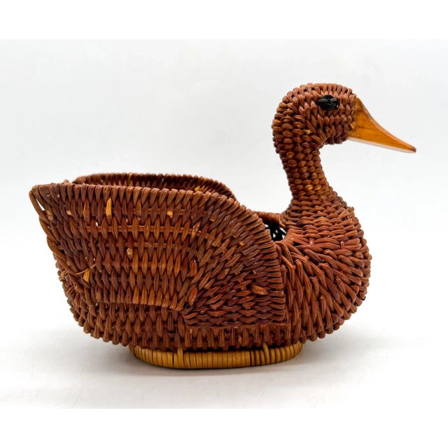 Farmhouse Vintage Boho Chic Wicker Duck Bird Basket For Sale - Image 3 of 10