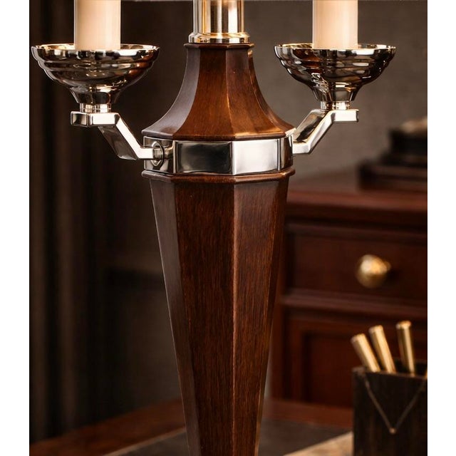 Art Deco Late 20th Century Art Deco Revival Walnut & Chrome Table Lamp With Original Rectangular Shade and Diamond Finial For Sale - Image 3 of 7