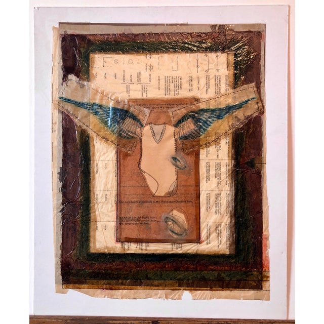 Brown Unknown, Angel Wings Mixed Media Collage Painting Assemblage Piece Stitched and Sewn For Sale - Image 8 of 8