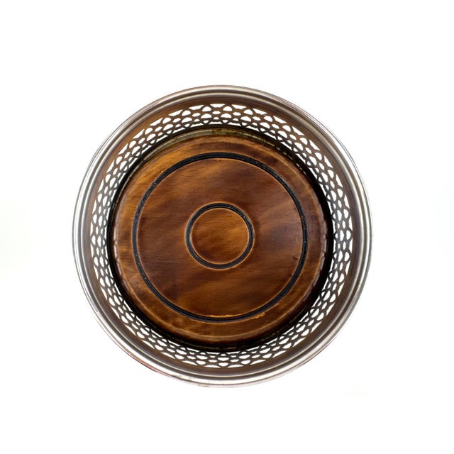 Mid-Century Modern Vintage Mid Century Modern Silverplate Pierced Gallery Wine & Decanter Coaster With Wood Base For Sale - Image 3 of 7