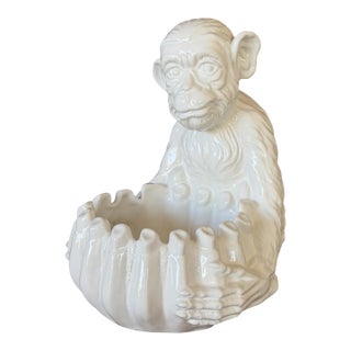 Vintage Italian Regency White Glazed Monkey Sculptural Ceramic Cachepot For Sale