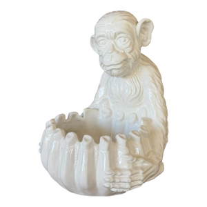 Vintage Italian Regency White Glazed Monkey Sculptural Ceramic Cachepot