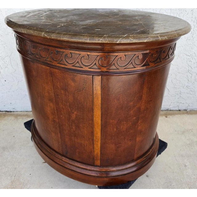 Henredon Style Mahogany & Marble Drum Center Side Bedside Table For Sale - Image 9 of 13