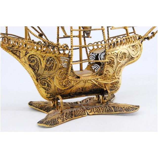 Caravel Model in Gilded Silver Filigree with Enameled Crosses on the Sails and Resting on Scalloped Base For Sale - Image 4 of 11