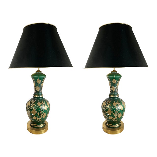 Late 19th Century Green Frosted Glass Lamps - a Pair For Sale