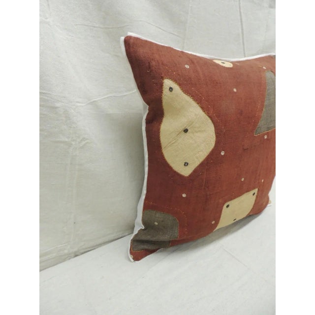 Vintage applique raffia, patchwork and applique brown, rust and natural decorative pillow with, custom flat cotton trim in...