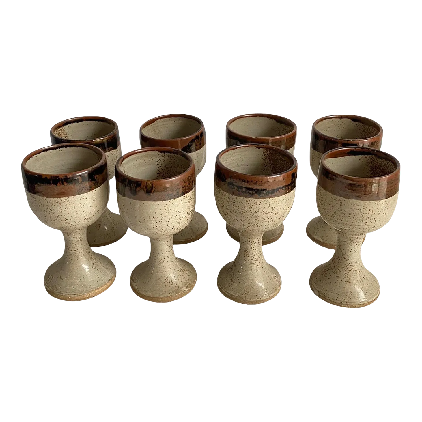 Vintage Studio Pottery Stonewear Wine Goblets Earth Tone Speckled Brown  Style Signed Set of 8 | Chairish