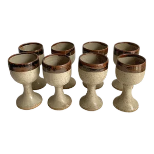 Vintage Studio Pottery Stonewear Wine Goblets Earth Tone Speckled Brown Style Signed Set of 8