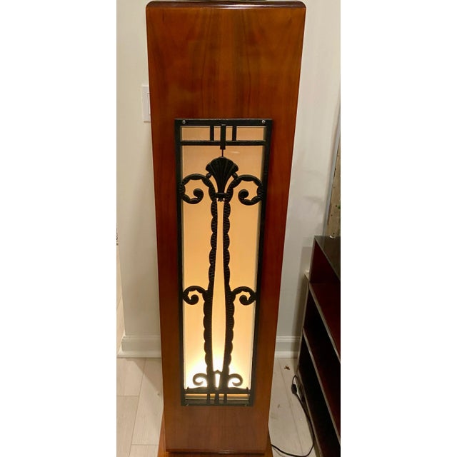 1940s Art Deco Mahogany Lighted Column, French Rod Iron Frosted Glass and Mahogany Wood Lighted Pedestal For Sale - Image 9 of 12
