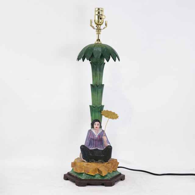 Early 21st Century Pair of Vintage Hand-Painted Chinoiserie Tole Palm Tree and Figurine Table Lamps For Sale - Image 5 of 12