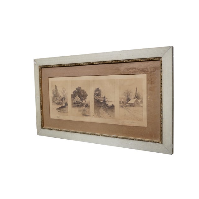 Antique late 19th century black and white etching featuring a quartet of landscape images representing the four seasons;...