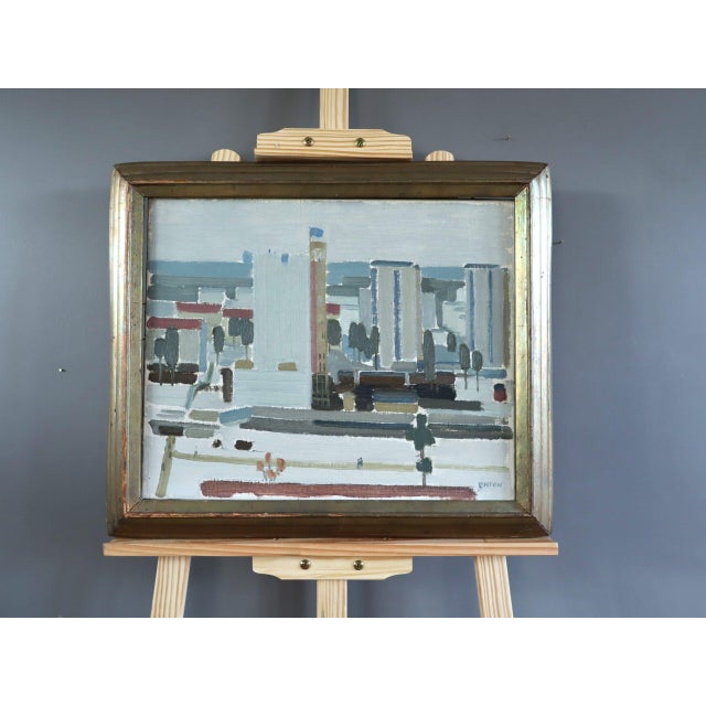 Mid-Century Modern Mid-Century Modern 'City Blocks' Vintage Abstract Street Scene Landscape Oil Painting by by Swedish Artist Kurt Lindon (1910-1985), Framed For Sale - Image 3 of 9