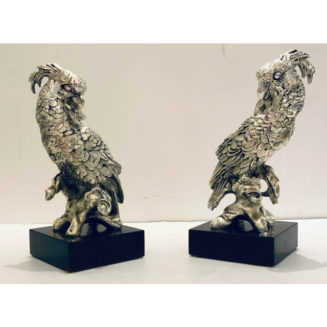 Metal Modern Silvered Bronze Cockatoo Sculptures Pair For Sale - Image 7 of 7