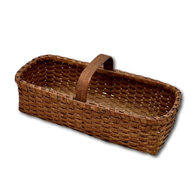 Wood Outstanding Small Size Antique New England American Hand Woven Ash Wood Splint Egg Gathering Basket For Sale - Image 7 of 18