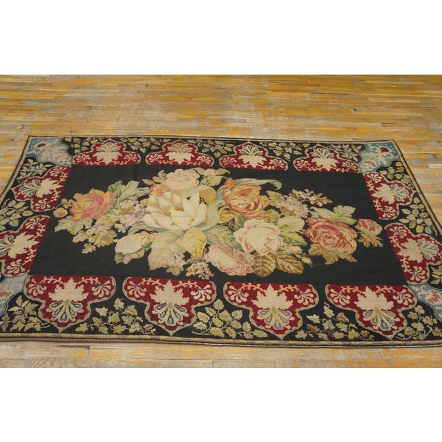 French 1890s Black Roses Folk Art Antique French Needlepoint Rug 5'2" X 8'8" Flatweave Wool Carpet For Sale - Image 3 of 6