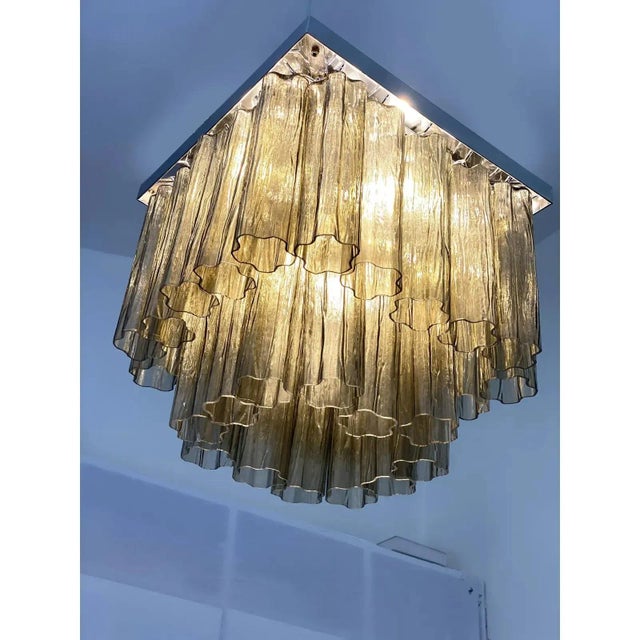 Luxury italian flush mount with fumè "tronchi" murano glass in venini style. scenographic chromed flush mount. square l....