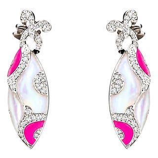 Late 20th Century Pair of 14K White Gold Diamond Pink Coral MOP Drop Earrings For Sale