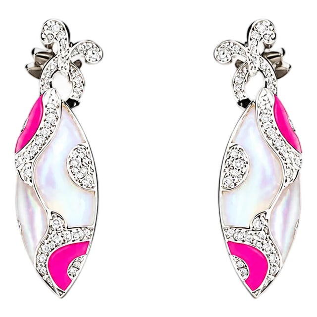 Late 20th Century Pair of 14K White Gold Diamond Pink Coral MOP Drop Earrings For Sale