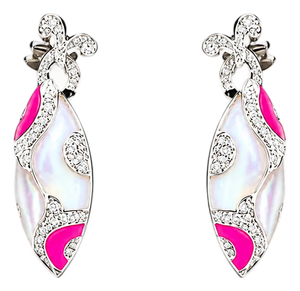 Late 20th Century Pair of 14K White Gold Diamond Pink Coral MOP Drop Earrings
